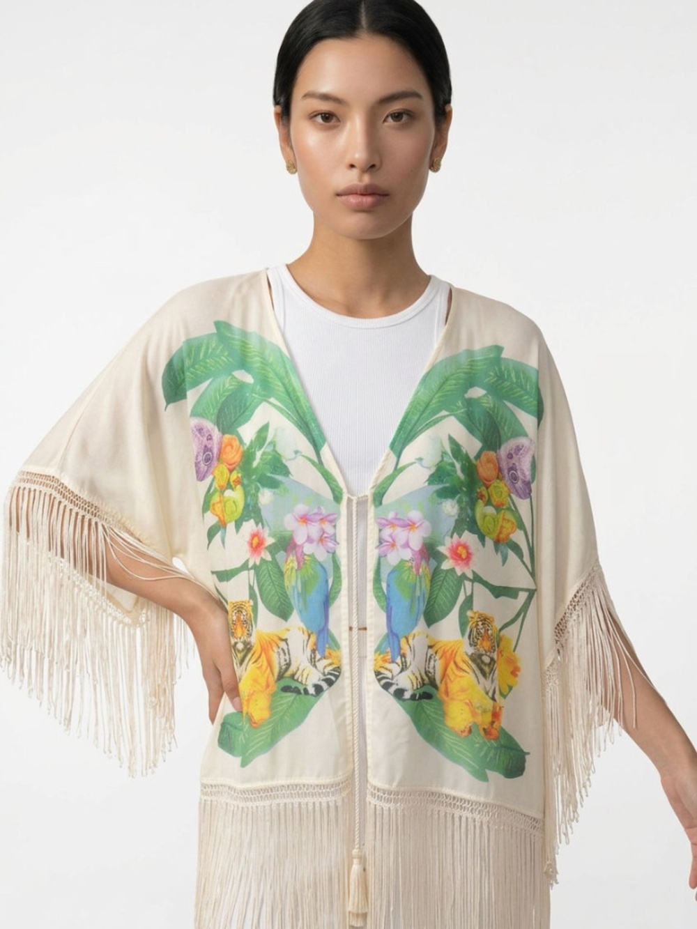 NWOT |•DIVIDED•| Beautiful Tropical Tiger Print Fringe Kimono One Size - Picture 5 of 9